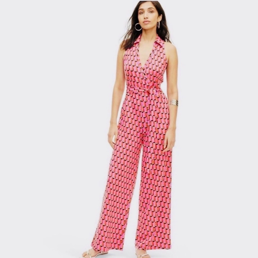 NWT Diane Von Furstenberg Pink Geometric Sleeveless V-Neck Jumpsuit